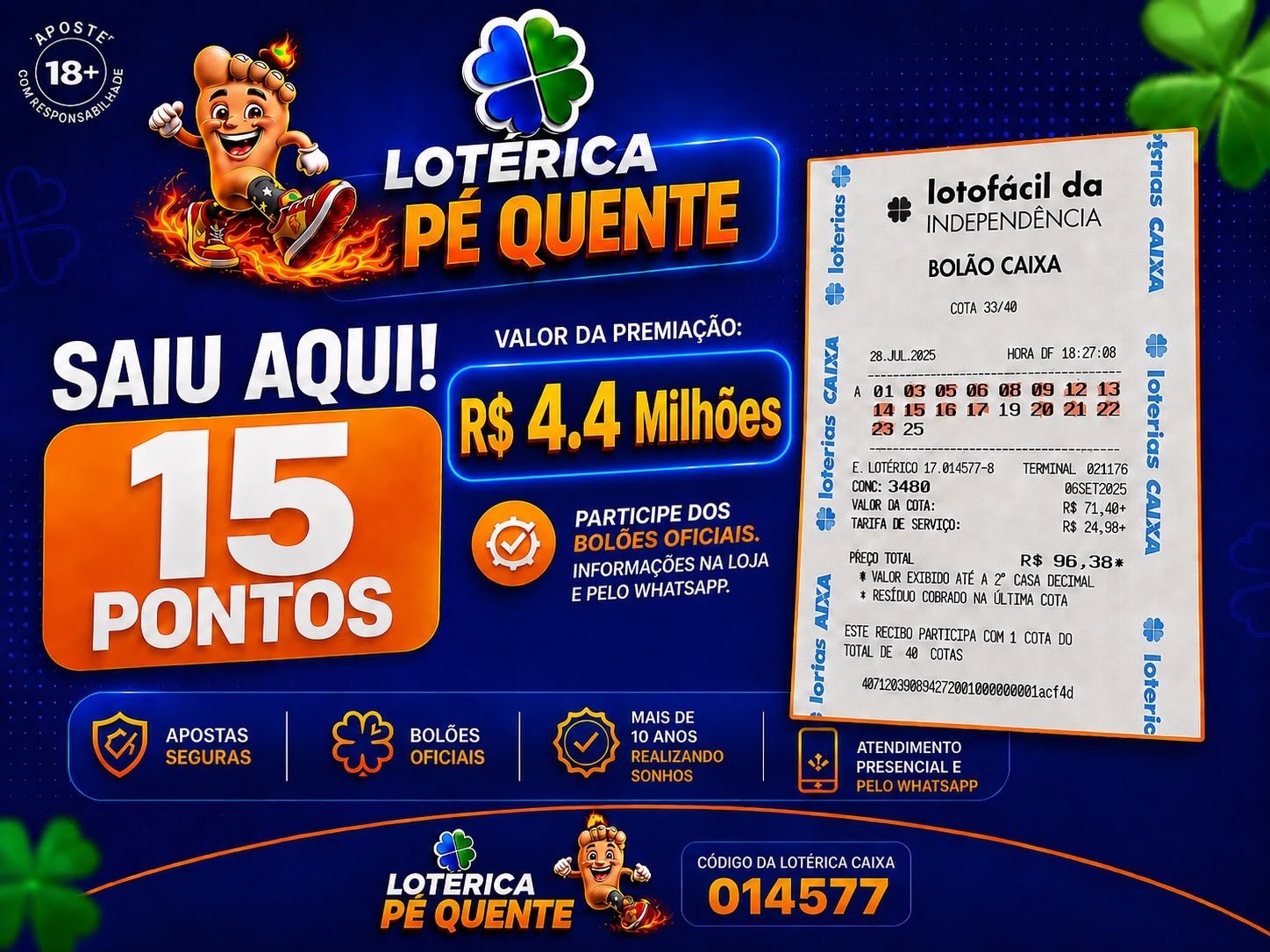 Comprovante do prêmio de R$ 4,4 milhões pago na Pé Quente Alecrim — Lotofácil da Independência